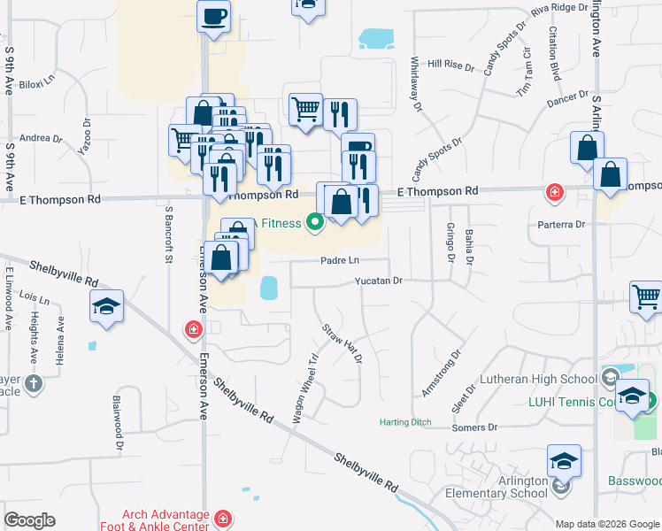 map of restaurants, bars, coffee shops, grocery stores, and more near 5330 Yucatan Drive in Indianapolis