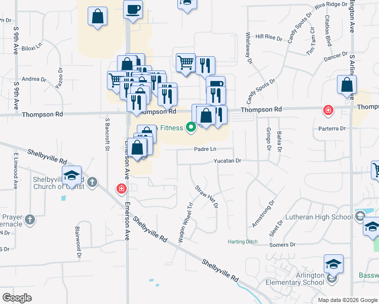 map of restaurants, bars, coffee shops, grocery stores, and more near 5302 Yucatan Drive in Indianapolis