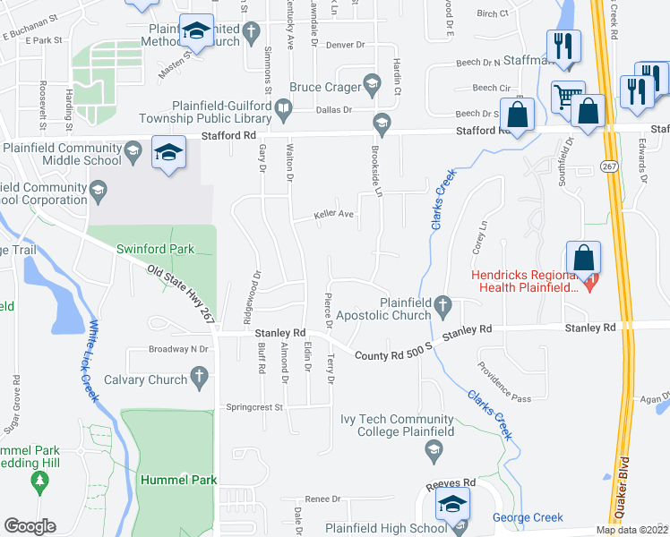 map of restaurants, bars, coffee shops, grocery stores, and more near 959 Christina Court in Plainfield