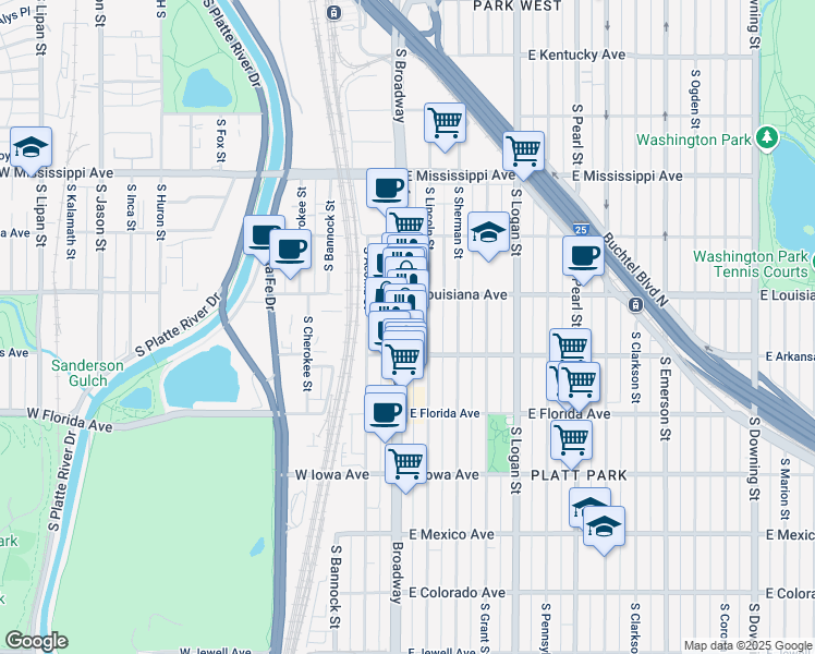 map of restaurants, bars, coffee shops, grocery stores, and more near 1385 South Lincoln Street in Denver
