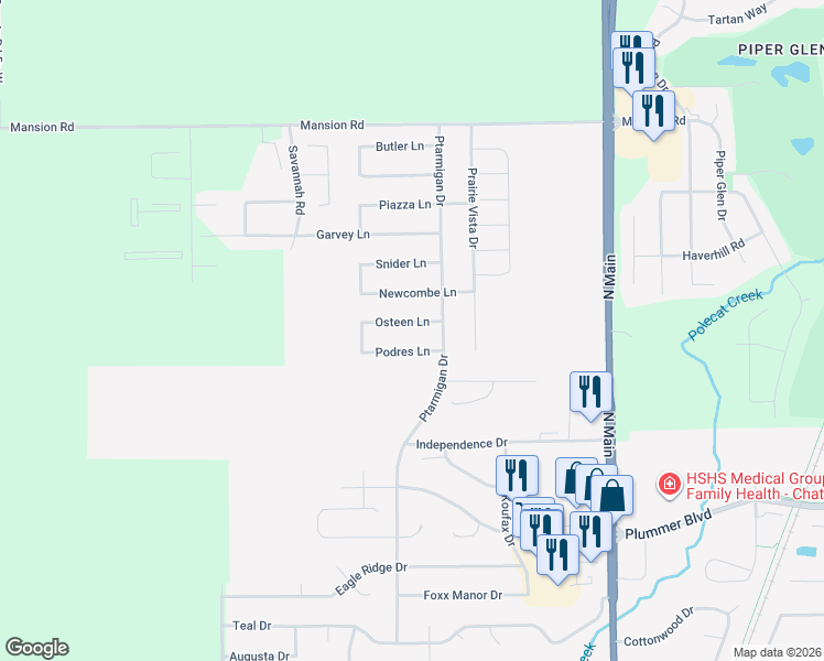 map of restaurants, bars, coffee shops, grocery stores, and more near 314 Osteen Lane in Chatham