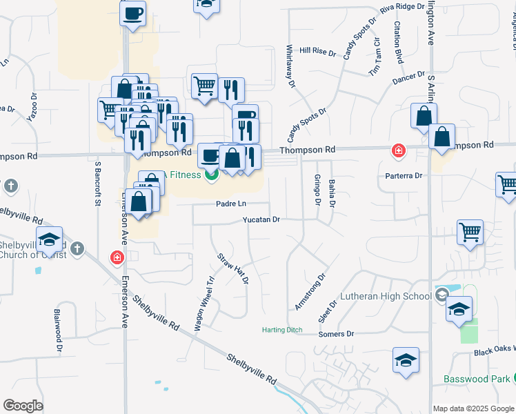 map of restaurants, bars, coffee shops, grocery stores, and more near 5471 Padre Lane in Indianapolis