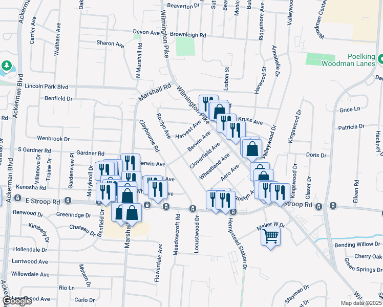 map of restaurants, bars, coffee shops, grocery stores, and more near 3824 Roslyn Avenue in Dayton