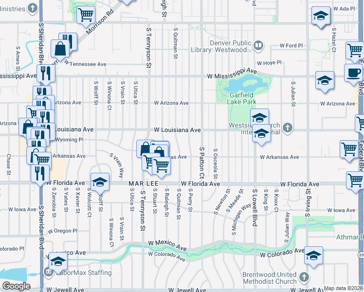 map of restaurants, bars, coffee shops, grocery stores, and more near 1391 South Perry Street in Denver