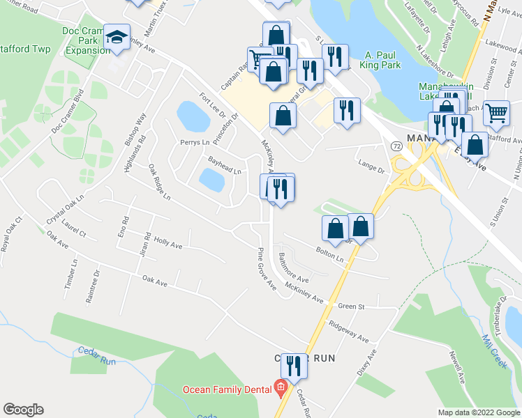 map of restaurants, bars, coffee shops, grocery stores, and more near 7 Lumberton Avenue in Stafford Township