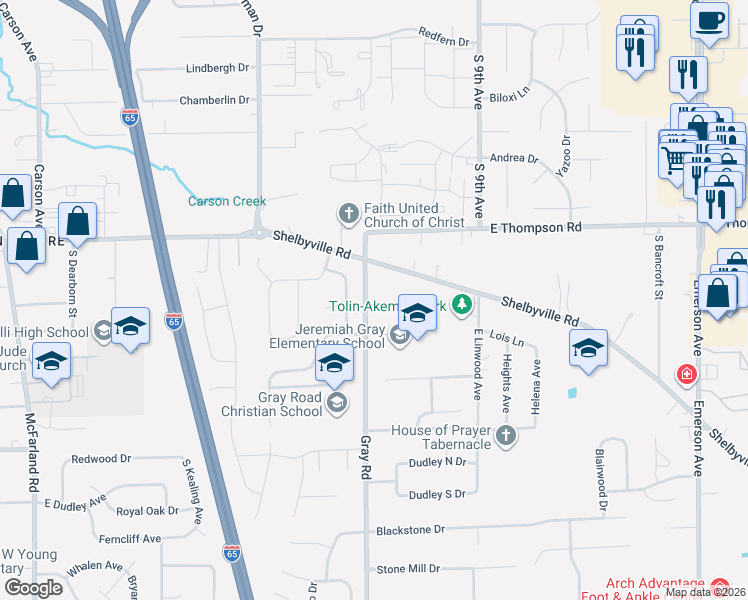 map of restaurants, bars, coffee shops, grocery stores, and more near 5133 Gray Road in Indianapolis