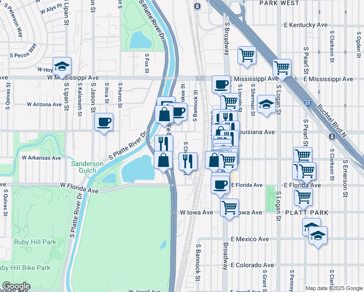 map of restaurants, bars, coffee shops, grocery stores, and more near 1395 South Cherokee Street in Denver