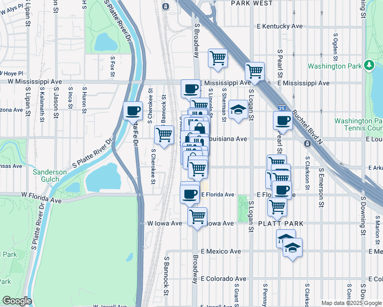map of restaurants, bars, coffee shops, grocery stores, and more near 1395 South Broadway in Denver