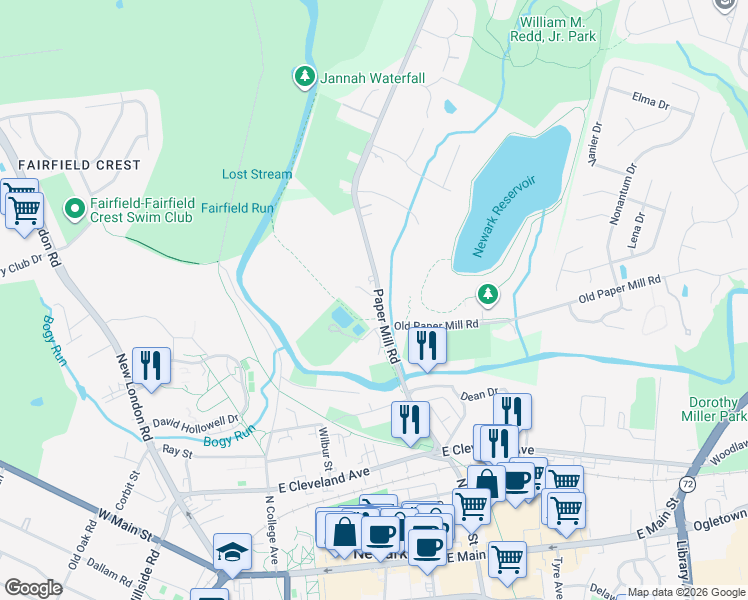 map of restaurants, bars, coffee shops, grocery stores, and more near 325 Paper Mill Road in Newark