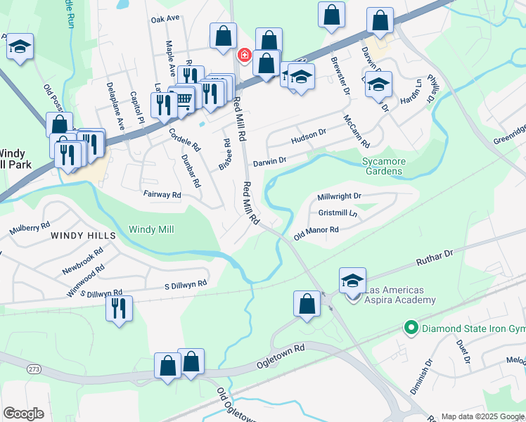 map of restaurants, bars, coffee shops, grocery stores, and more near 91 Old Red Mill Road in Newark