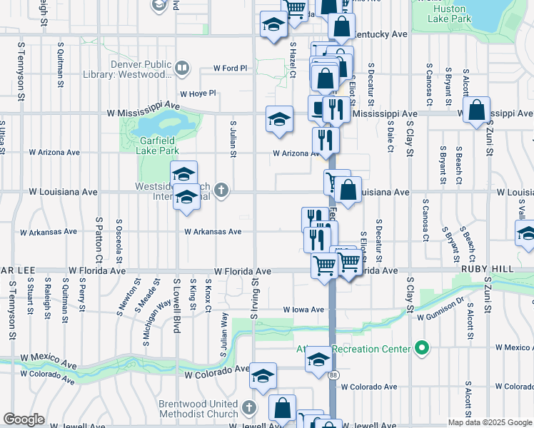 map of restaurants, bars, coffee shops, grocery stores, and more near 1358 South Irving Street in Denver