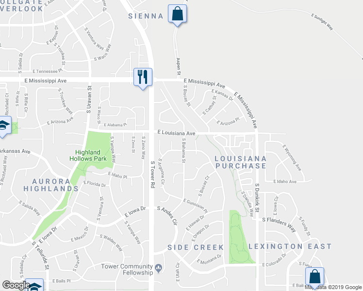 map of restaurants, bars, coffee shops, grocery stores, and more near 1349 South Cathay Street in Aurora