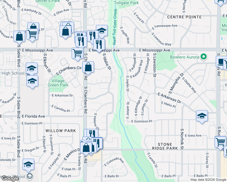 map of restaurants, bars, coffee shops, grocery stores, and more near 1379 South Idalia Street in Aurora