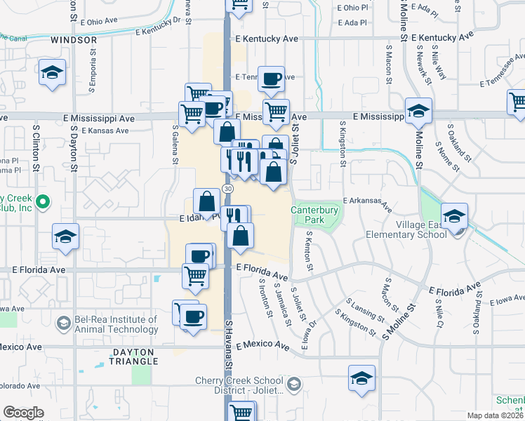 map of restaurants, bars, coffee shops, grocery stores, and more near 1400 S Havana St in Aurora