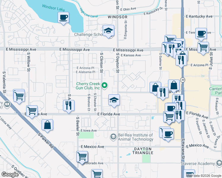 map of restaurants, bars, coffee shops, grocery stores, and more near 1300 South Clinton Street in Denver
