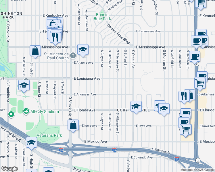 map of restaurants, bars, coffee shops, grocery stores, and more near 1380 South Fillmore Street in Denver