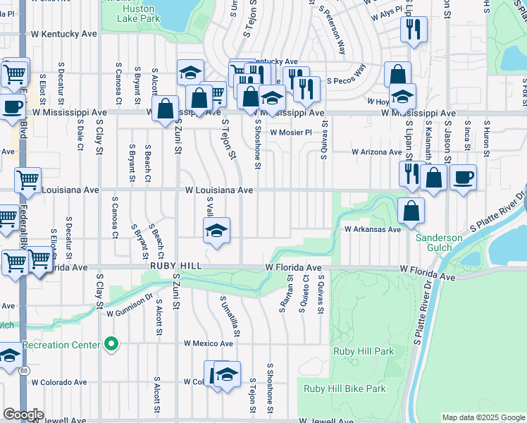 map of restaurants, bars, coffee shops, grocery stores, and more near 1376 South Shoshone Street in Denver