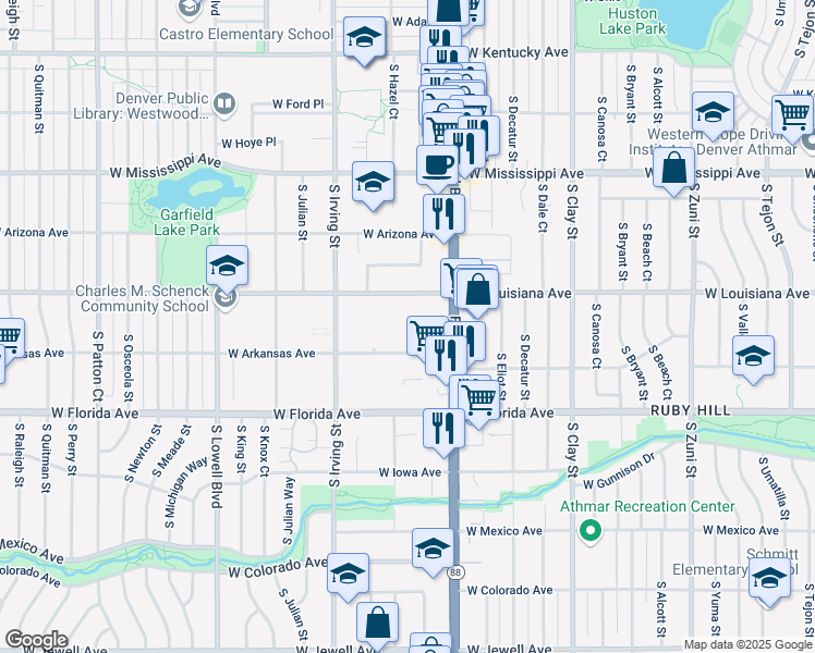 map of restaurants, bars, coffee shops, grocery stores, and more near 3125 West Arkansas Avenue in Denver