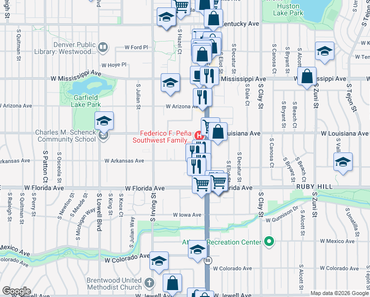 map of restaurants, bars, coffee shops, grocery stores, and more near 3125 West Arkansas Avenue in Denver