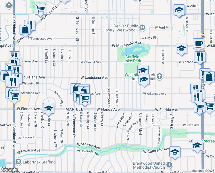 map of restaurants, bars, coffee shops, grocery stores, and more near 1392 South Patton Court in Denver