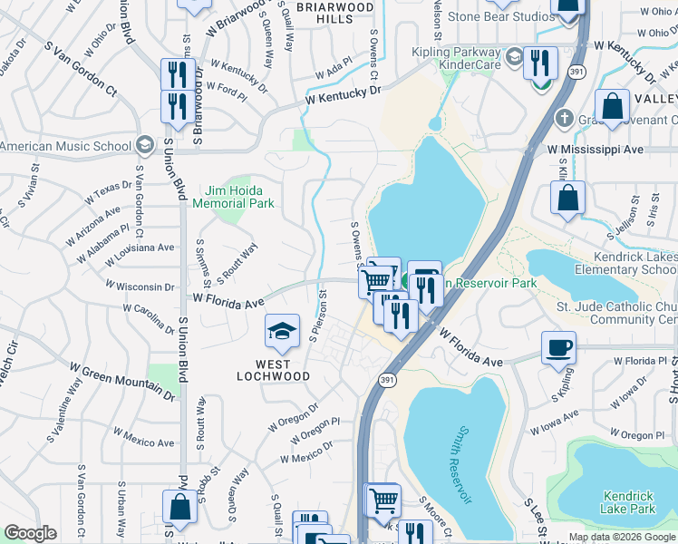 map of restaurants, bars, coffee shops, grocery stores, and more near 10960 West Florida Avenue in Lakewood