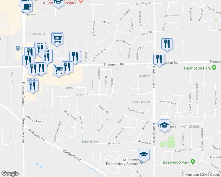map of restaurants, bars, coffee shops, grocery stores, and more near 5216 Bahia Drive in Indianapolis