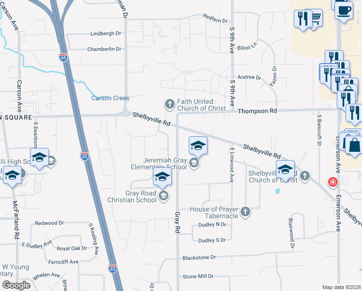 map of restaurants, bars, coffee shops, grocery stores, and more near 5143 Oak Trail Drive in Indianapolis