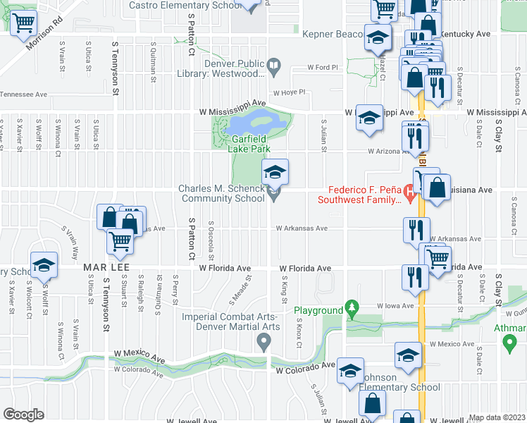 map of restaurants, bars, coffee shops, grocery stores, and more near 1355 South Lowell Boulevard in Denver
