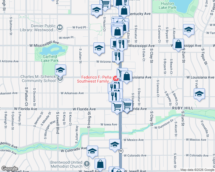 map of restaurants, bars, coffee shops, grocery stores, and more near 3125 West Arkansas Avenue in Denver