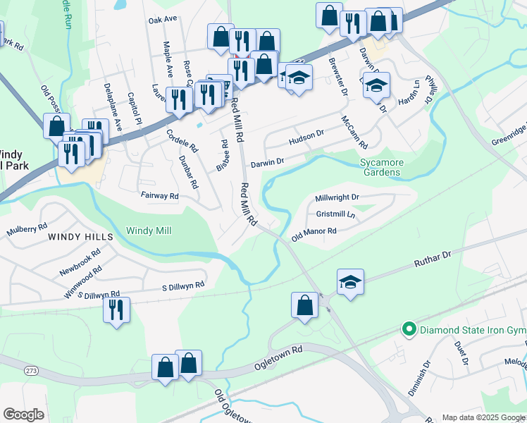 map of restaurants, bars, coffee shops, grocery stores, and more near 91 Old Red Mill Road in Newark