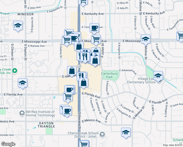 map of restaurants, bars, coffee shops, grocery stores, and more near 1350 South Ironton Street in Aurora