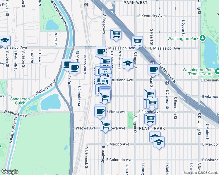 map of restaurants, bars, coffee shops, grocery stores, and more near 1385 South Lincoln Street in Denver
