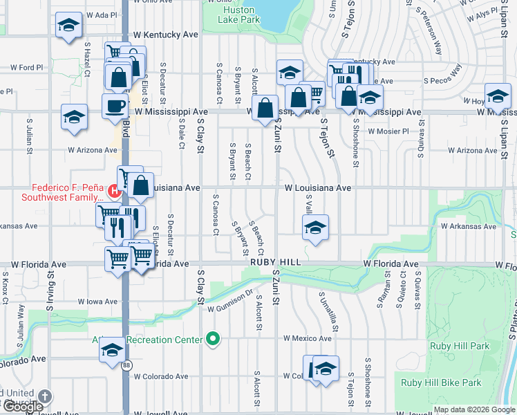 map of restaurants, bars, coffee shops, grocery stores, and more near 2500 West Arkansas Avenue in Denver