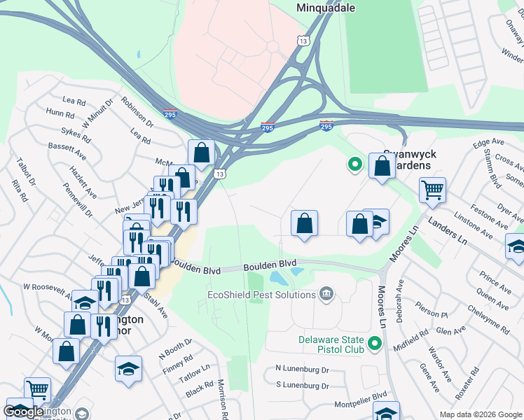 map of restaurants, bars, coffee shops, grocery stores, and more near 660 Baylor Boulevard in New Castle