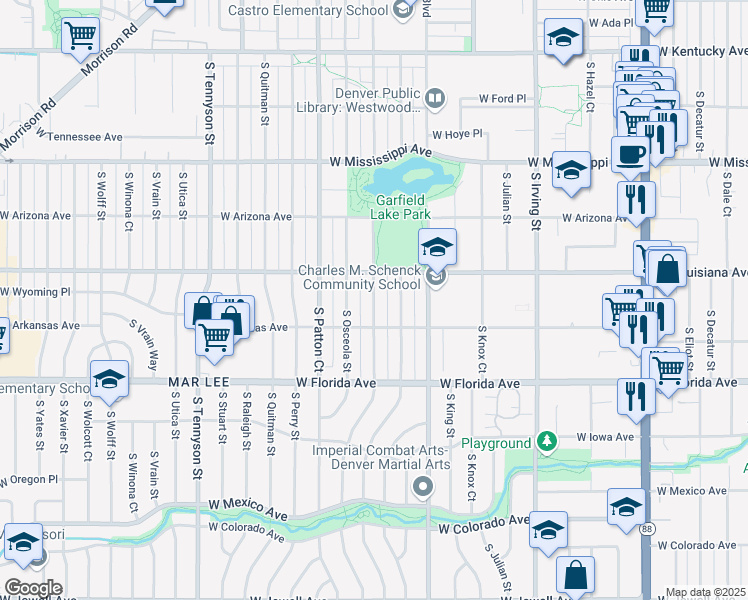 map of restaurants, bars, coffee shops, grocery stores, and more near 1360 South Newton Street in Denver