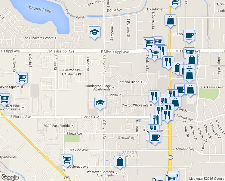 map of restaurants, bars, coffee shops, grocery stores, and more near 9821 East Arkansas Place in Denver