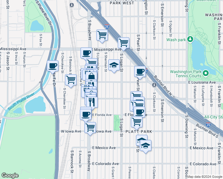 map of restaurants, bars, coffee shops, grocery stores, and more near 1380 South Sherman Street in Denver