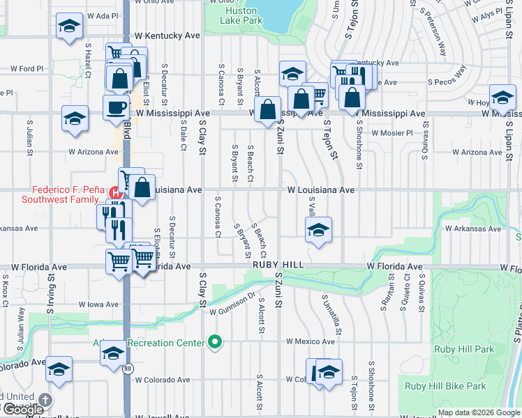 map of restaurants, bars, coffee shops, grocery stores, and more near 2500 West Arkansas Avenue in Denver