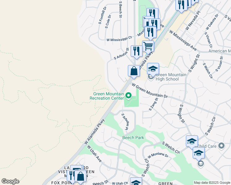 map of restaurants, bars, coffee shops, grocery stores, and more near 1441 South Arbutus Place in Lakewood