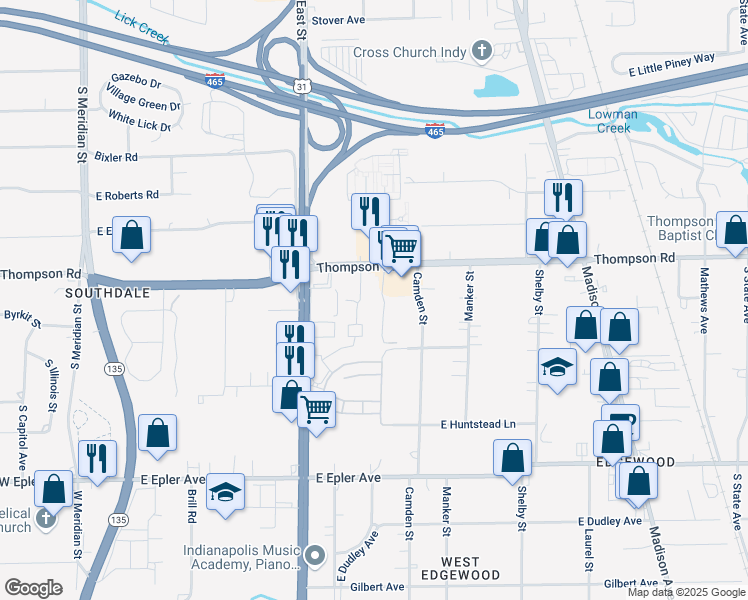 map of restaurants, bars, coffee shops, grocery stores, and more near 5105 Turtle Creek Court in Indianapolis