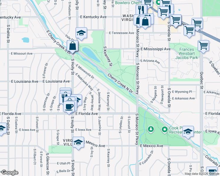 map of restaurants, bars, coffee shops, grocery stores, and more near 6105 East Minnesota Drive in Denver