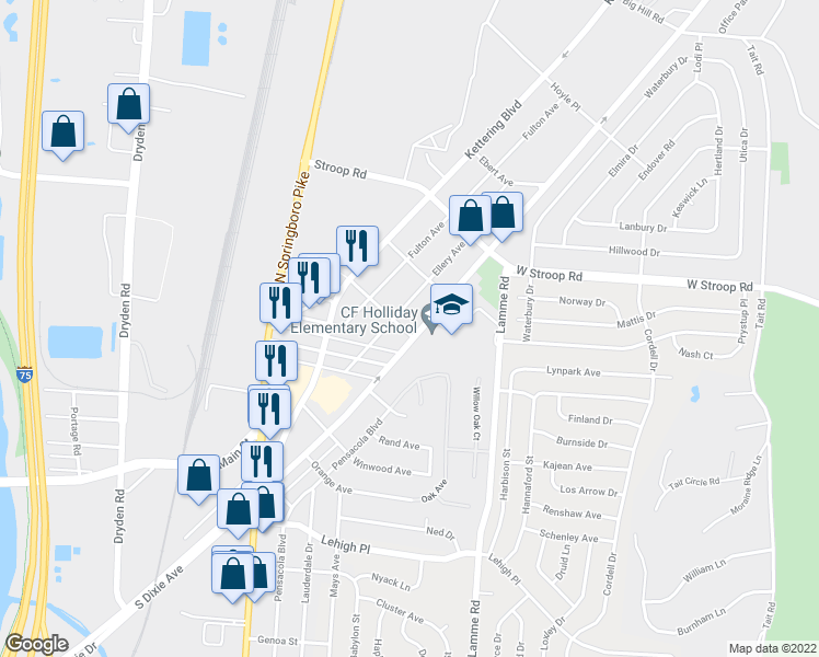 map of restaurants, bars, coffee shops, grocery stores, and more near 4147 South Dixie Drive in Dayton