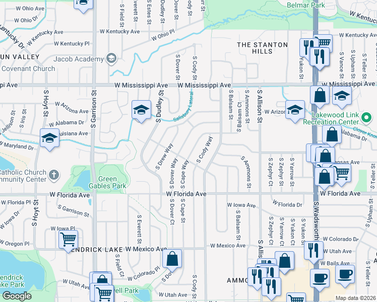 map of restaurants, bars, coffee shops, grocery stores, and more near 8560 West Cottontail Drive in Lakewood