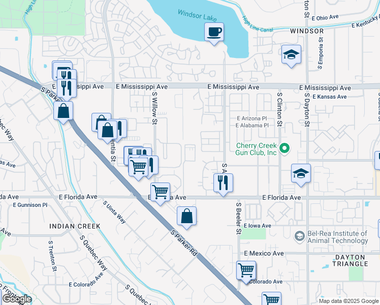 map of restaurants, bars, coffee shops, grocery stores, and more near 8881 East Florida Avenue in Denver