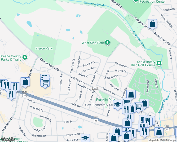 map of restaurants, bars, coffee shops, grocery stores, and more near 1243 Berwald Drive in Xenia