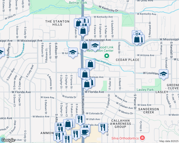 map of restaurants, bars, coffee shops, grocery stores, and more near 7583 West Louisiana Avenue in Lakewood