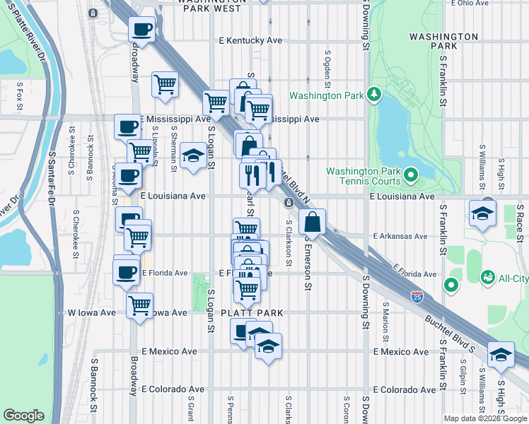 map of restaurants, bars, coffee shops, grocery stores, and more near 700 East Louisiana Avenue in Denver