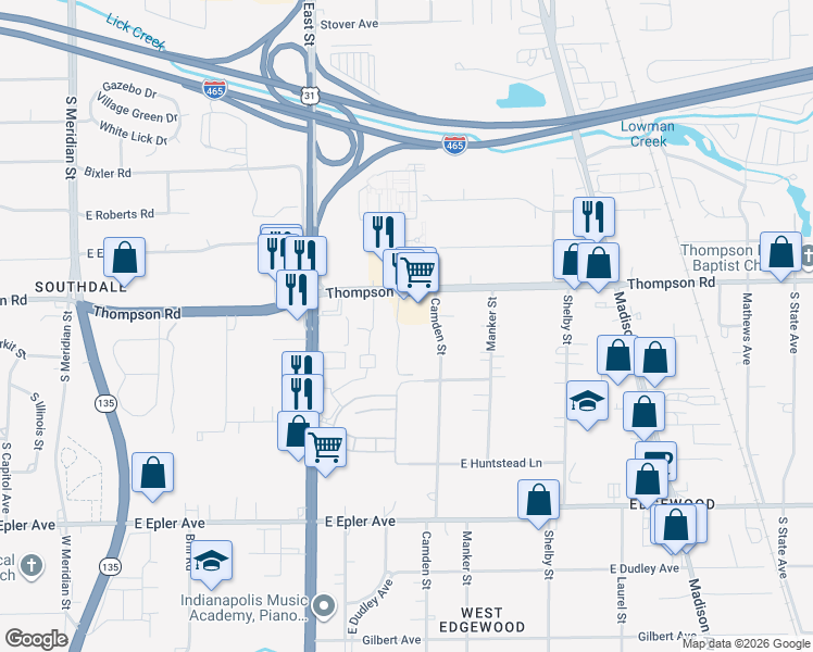 map of restaurants, bars, coffee shops, grocery stores, and more near 5030 Southgreen Drive in Indianapolis