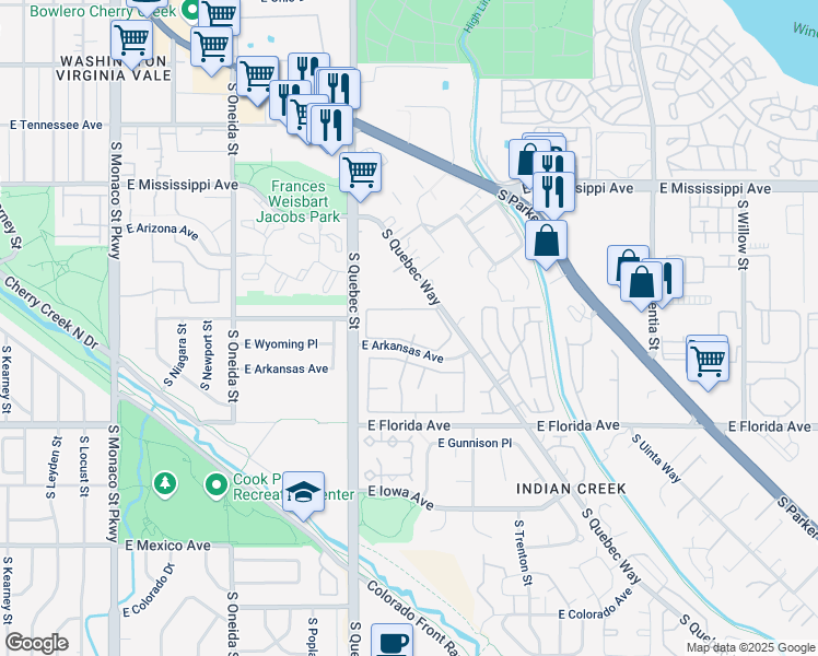 map of restaurants, bars, coffee shops, grocery stores, and more near 15 South Quebec Way in Denver
