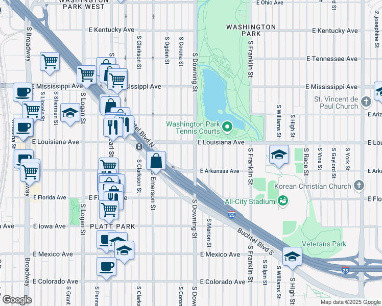 map of restaurants, bars, coffee shops, grocery stores, and more near 1300 South Corona Street in Denver